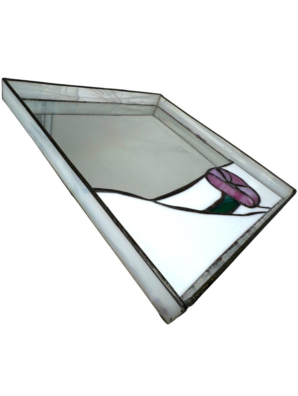 Handmade Stained Glass Square Vanity Mirror Tray 10x10" Pink Flower Stain VNTG